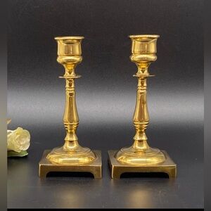 Pair of Vintage Solid Brass Taper Candlestick Holders Square Base - England